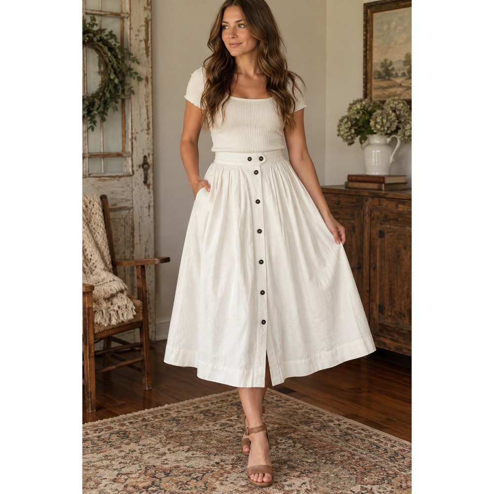 Cottagecore Cream Button Front Midi Skirt with Pockets Ivory Pleated L XL